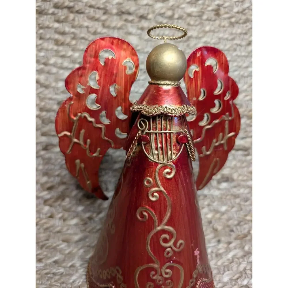 Christmas Red Metal Angel Playing Harp Instrument Gold Holiday Tabletop Decor